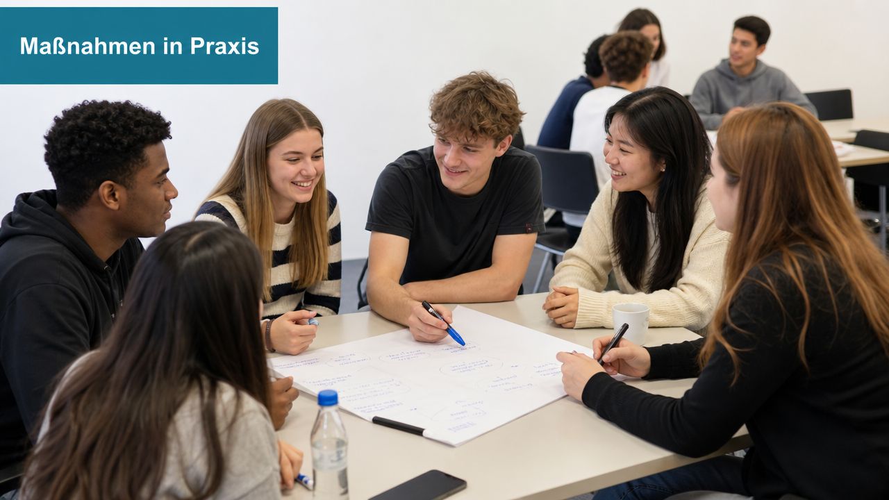 Eine diverse Gruppe Jugendlicher arbeitet gemeinsam an einem Flipchart-Papier bei einer Gruppenarbeit in einem modernen Seminarraum.