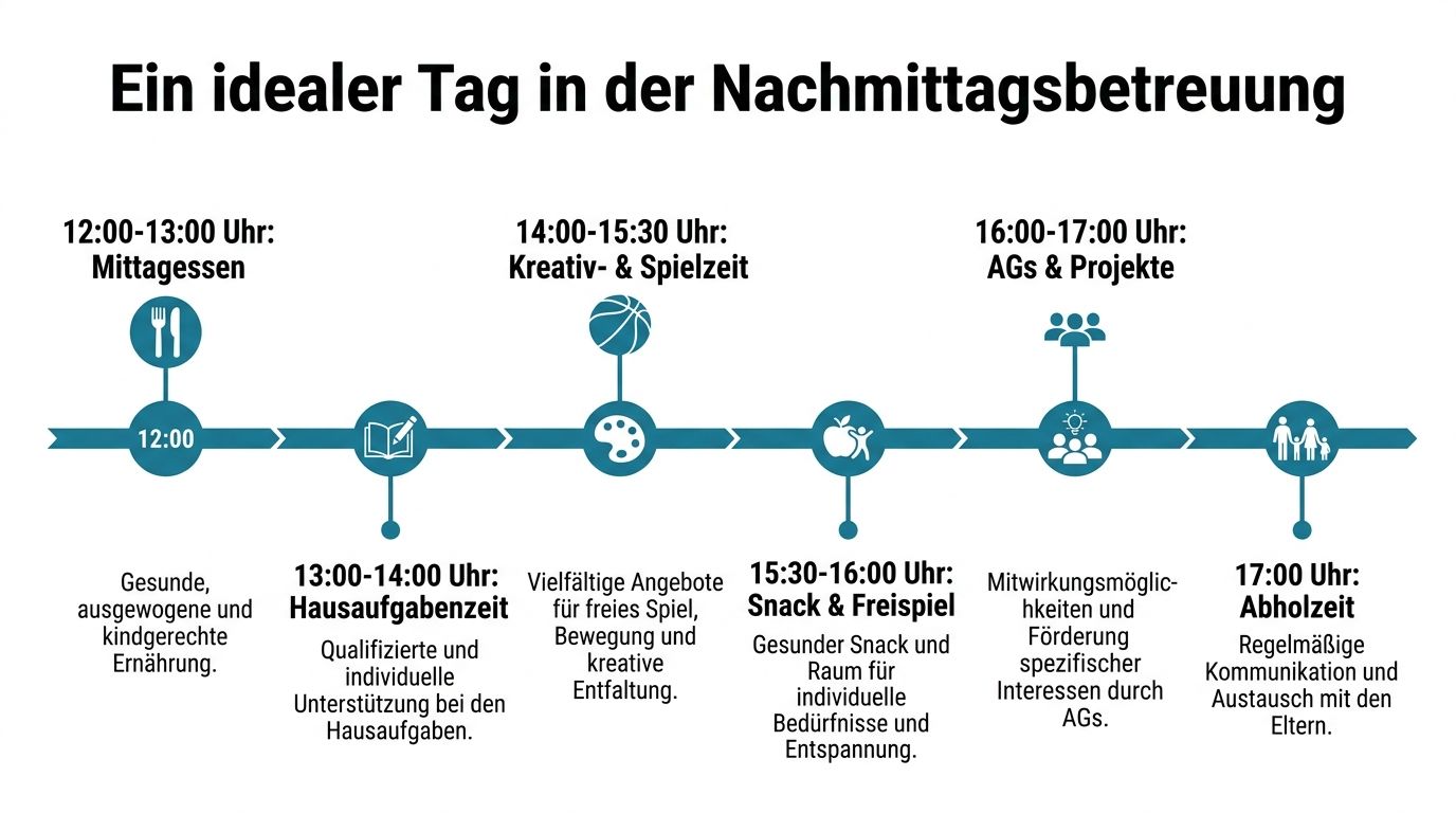 Ein Zeitplan für einen idealen Tag in der schulischen Nachmittagsbetreuung mit Aktivitäten von Mittagessen bis Abholzeit.