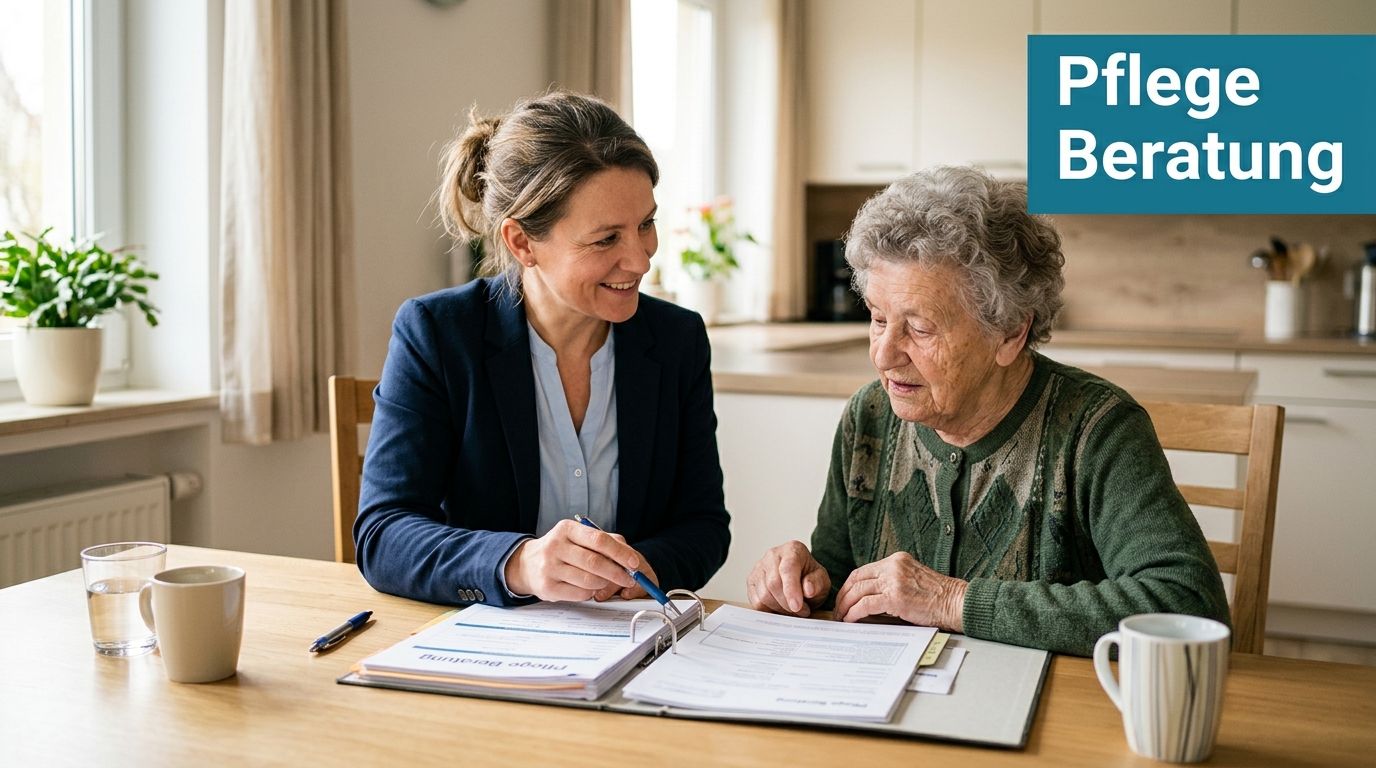 Eine freundliche Pflegeberaterin erklärt einer älteren Dame Dokumente bei einem persönlichen Beratungsgespräch am Küchentisch.