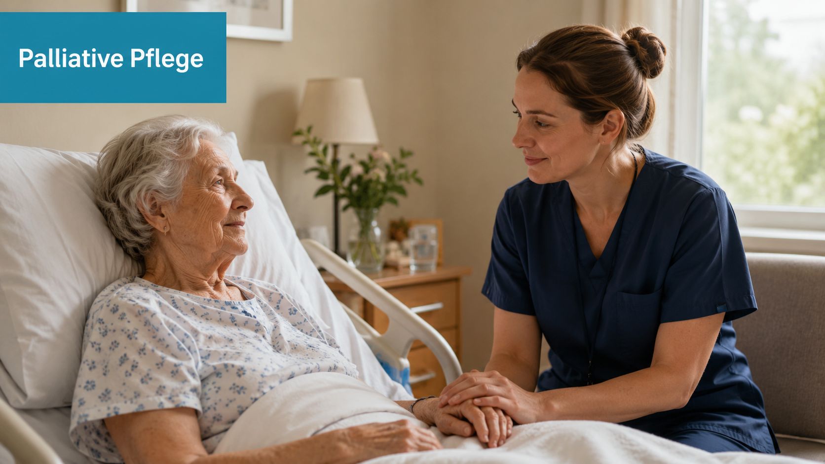 Eine mitfühlende Pflegekraft hält die Hand einer älteren Patientin, die in einem Krankenhausbett liegt und liebevoll betreut wird.