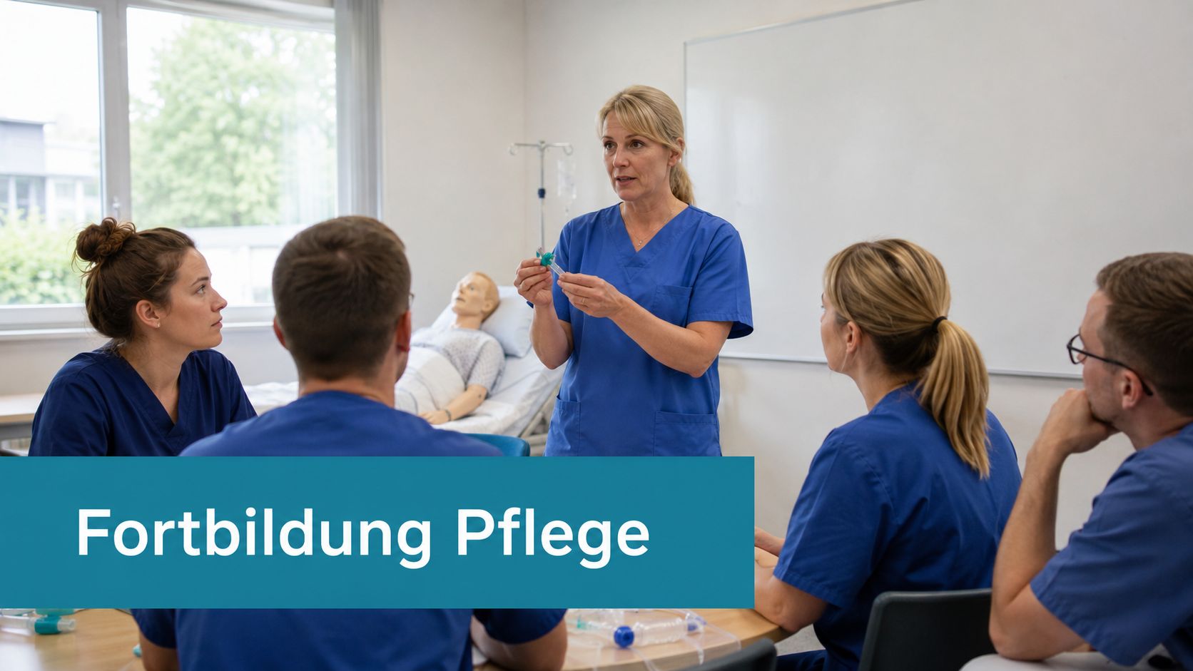 Eine Dozentin leitet eine Fortbildung für Pflegepersonal in einem Schulungsraum mit medizinischen Hilfsmitteln und einer Übungspuppe.