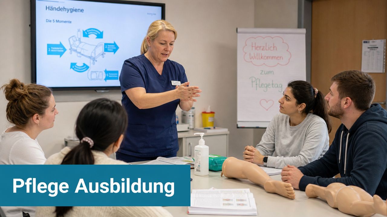 Eine Dozentin demonstriert in einer Pflegeschulung vor Auszubildenden die korrekte Durchführung der Händehygiene im klinischen Alltag.