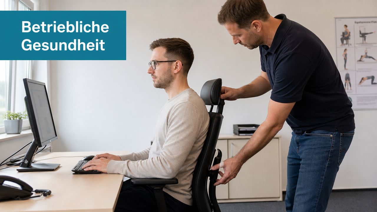 Ein Ergonomieberater stellt die Rückenlehne eines Bürostuhls für einen Mitarbeiter an einem modernen Computerarbeitsplatz ein.