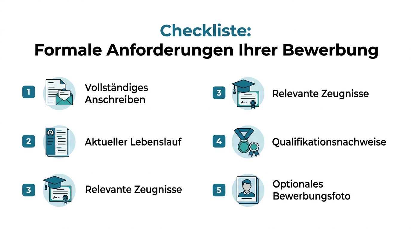 Eine Checkliste für die formalen Anforderungen einer vollständigen Bewerbung, dargestellt mit Symbolen und nummerierten Punkten.