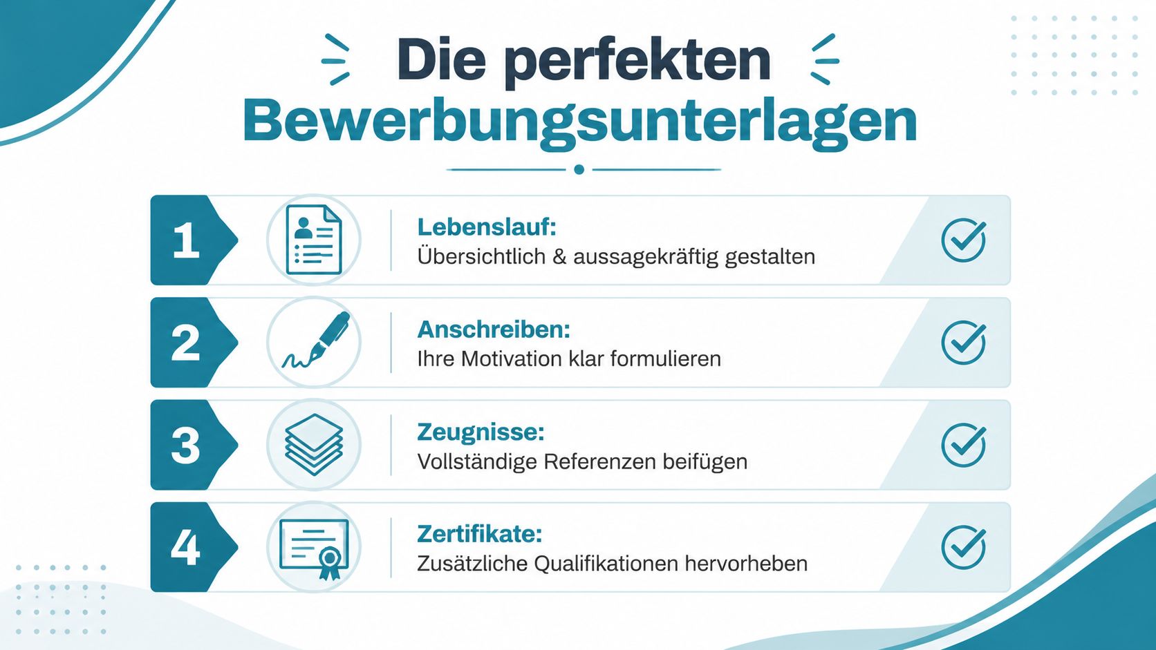 Eine Infografik zeigt die vier wichtigsten Bestandteile für perfekte Bewerbungsunterlagen: Lebenslauf, Anschreiben, Zeugnisse und Zertifikate.