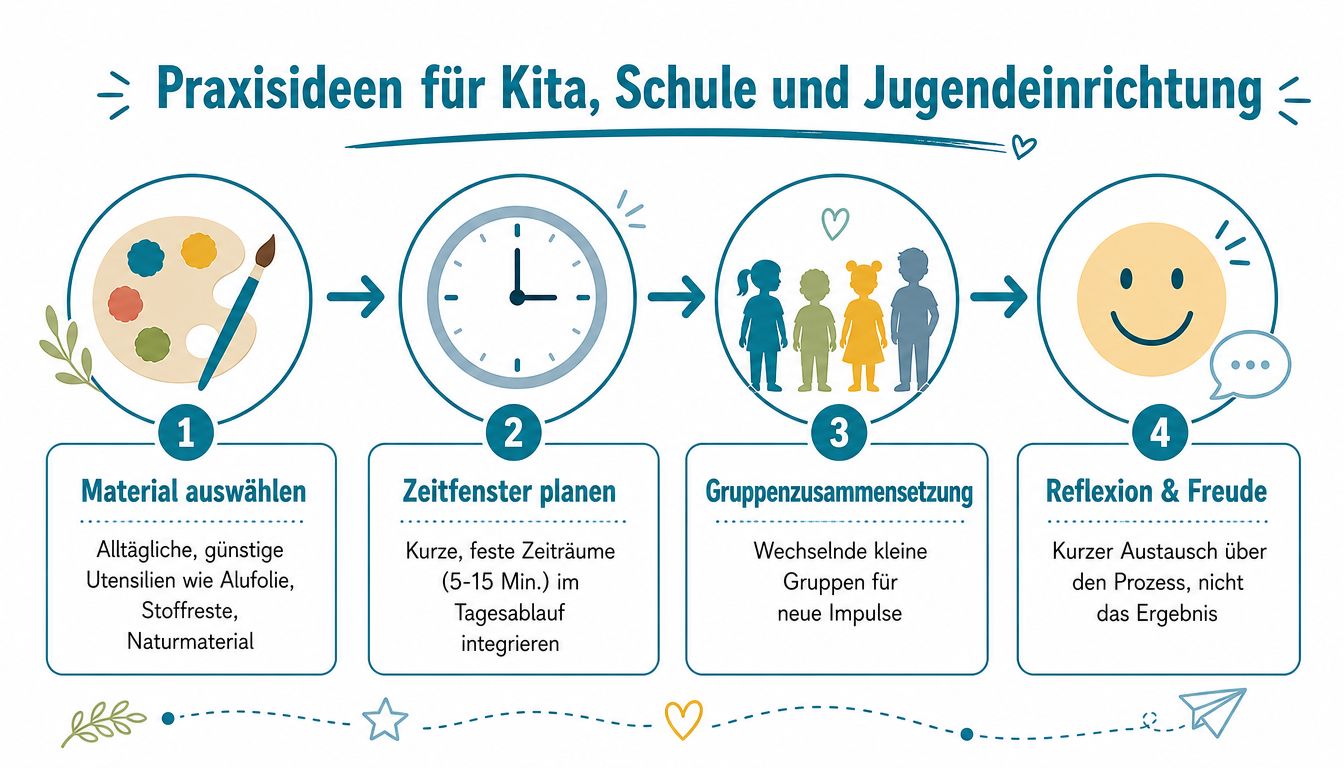 Eine Infografik mit vier Schritten zur Umsetzung kreativer Praxisideen in Kitas, Schulen und Jugendeinrichtungen.