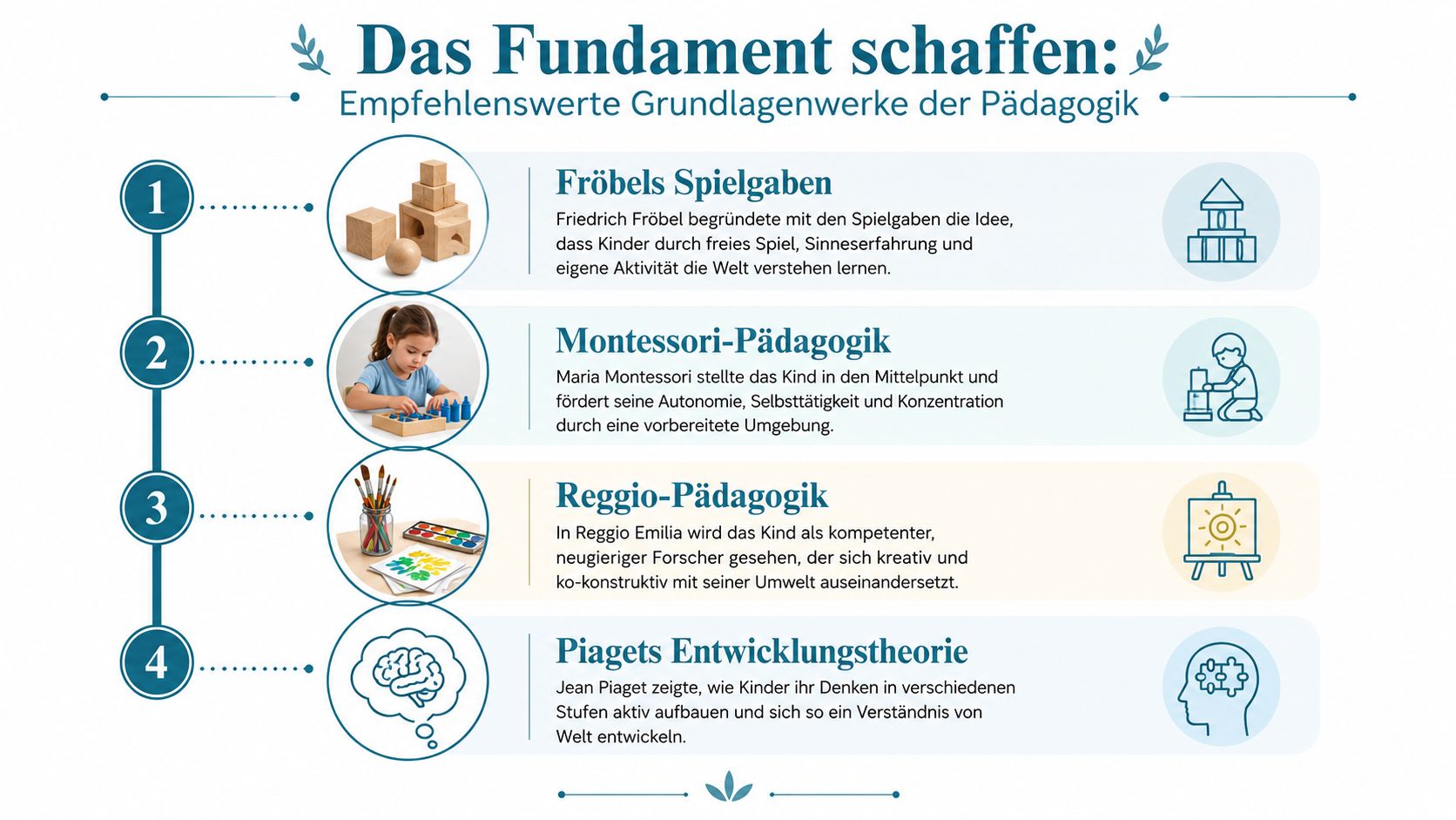 Eine Infografik mit vier pädagogischen Ansätzen: Fröbel, Montessori, Reggio und Piaget für die frühkindliche Bildung.