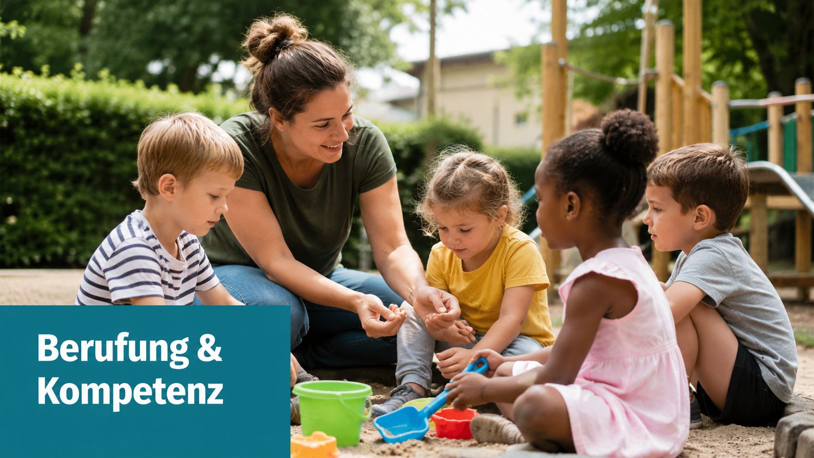 Eine Erzieherin spielt gemeinsam mit vier Kindern im Sandkasten auf einem Spielplatz im Freien.