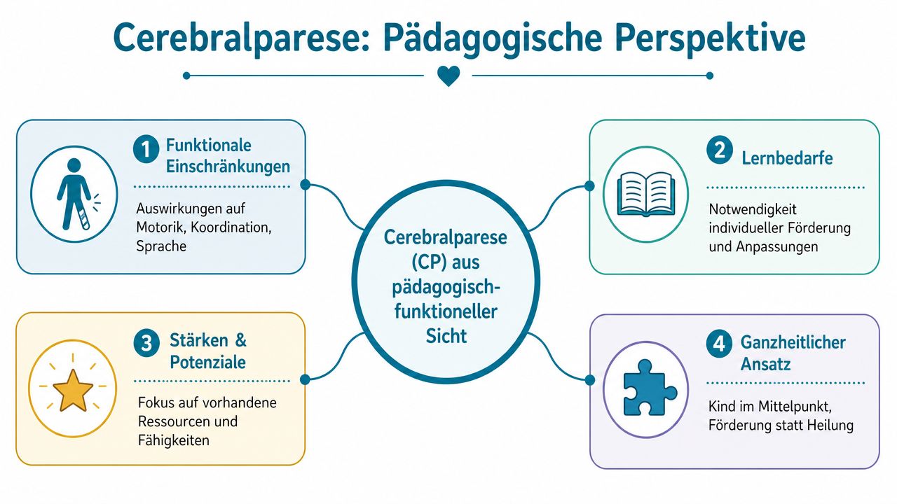 Grafik zur pädagogischen Perspektive auf Cerebralparese mit Fokus auf Förderung, Ressourcen und individuelle Lernbedarfe.