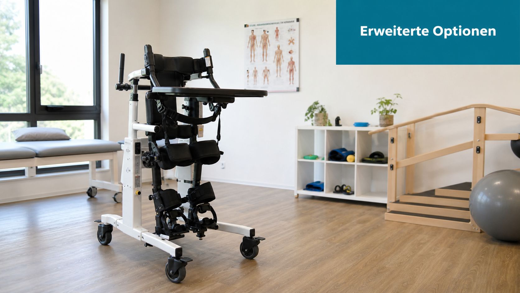 Ein stehender Therapie-Gehtrainer für Patienten mit körperlichen Einschränkungen steht in einem hellen Physiotherapieraum mit Übungsgeräten.