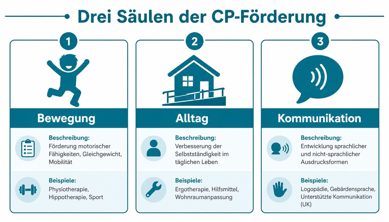 Eine Infografik über die drei Säulen der CP-Förderung: Bewegung, Alltag und Kommunikation für Betroffene.