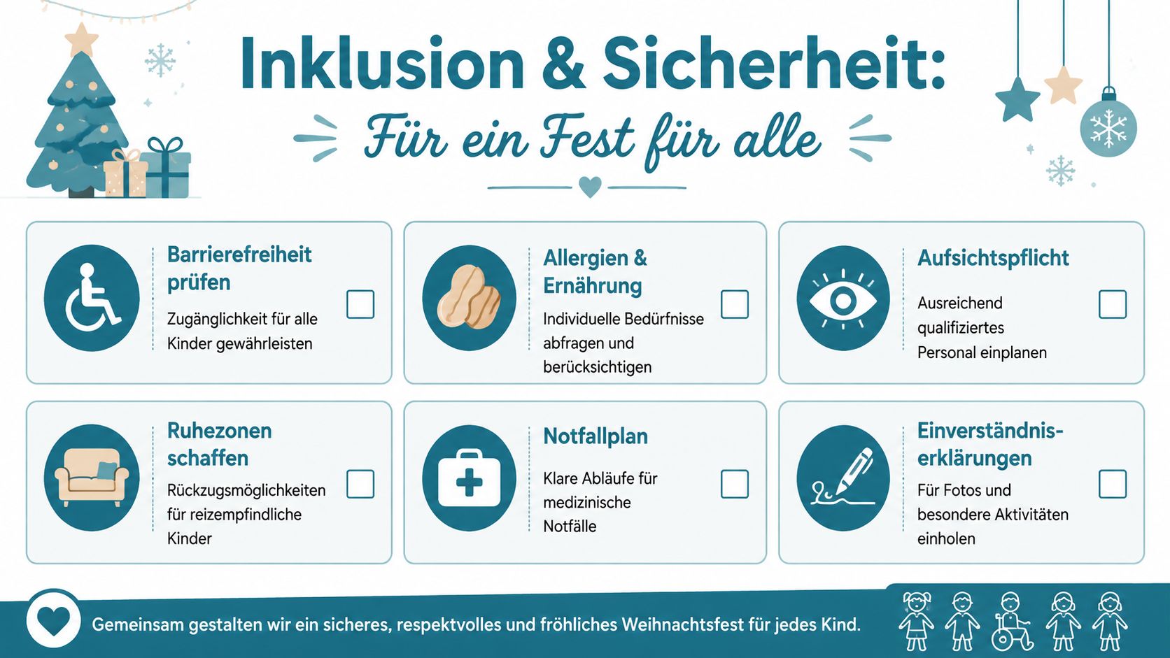 Checkliste für Inklusion und Sicherheit auf einem Weihnachtsfest im Kindergarten mit hilfreichen Tipps für alle Kinder.