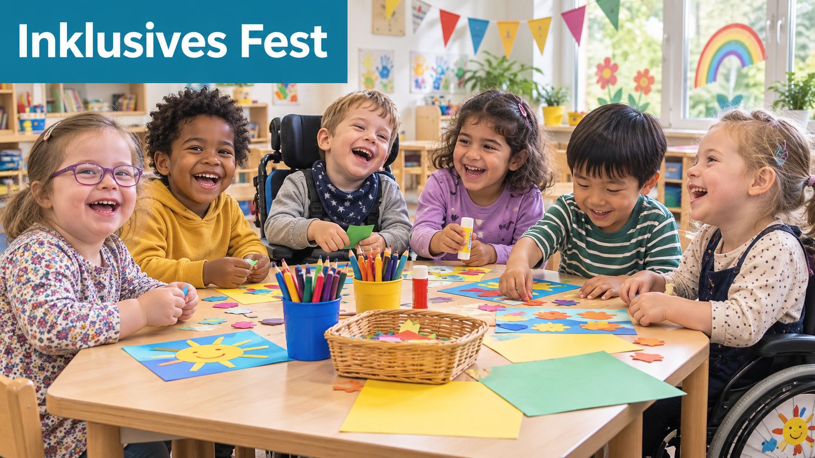 Eine Gruppe fröhlicher Kinder mit und ohne Behinderung bastelt gemeinsam an einem runden Tisch im Kindergarten.