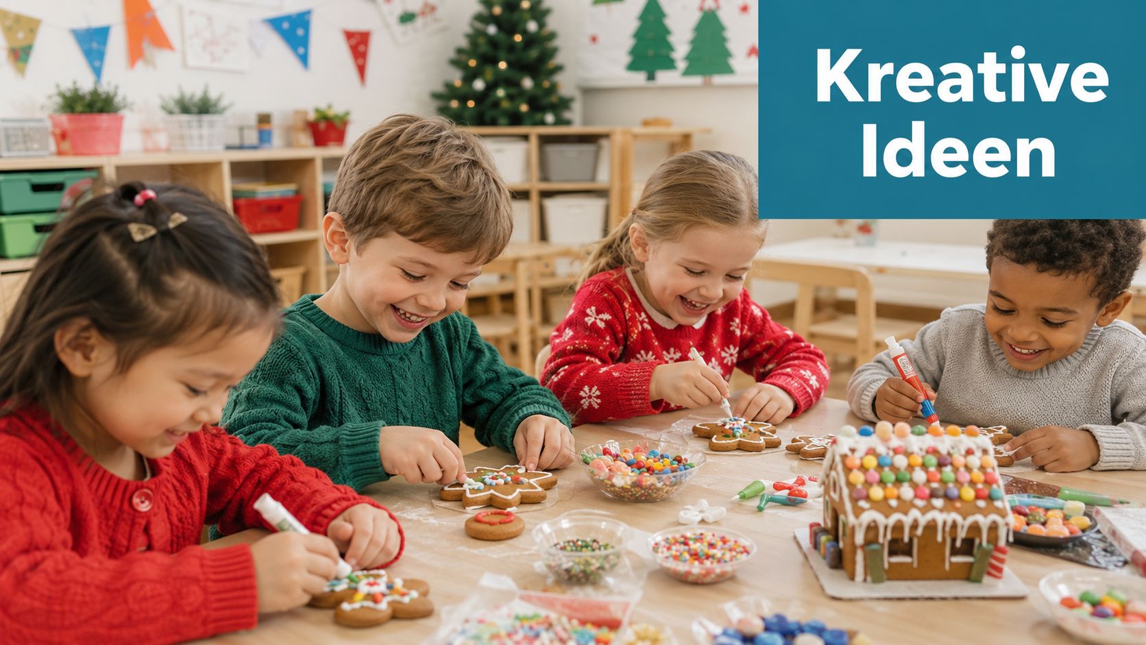 Vier fröhliche Kinder dekorieren gemeinsam in einem festlich geschmückten Kindergarten Weihnachtslebkuchen und ein Knusperhäuschen.
