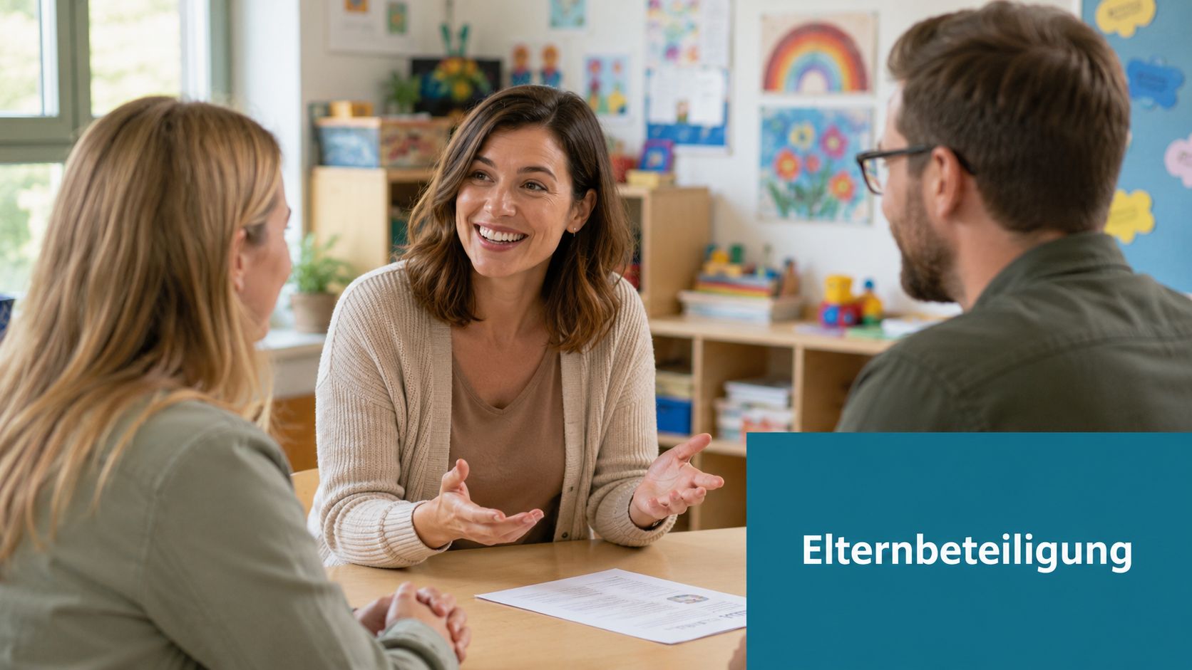 Eine Erzieherin führt ein freundliches Gespräch mit Eltern an einem Tisch in einem Kindergarten.
