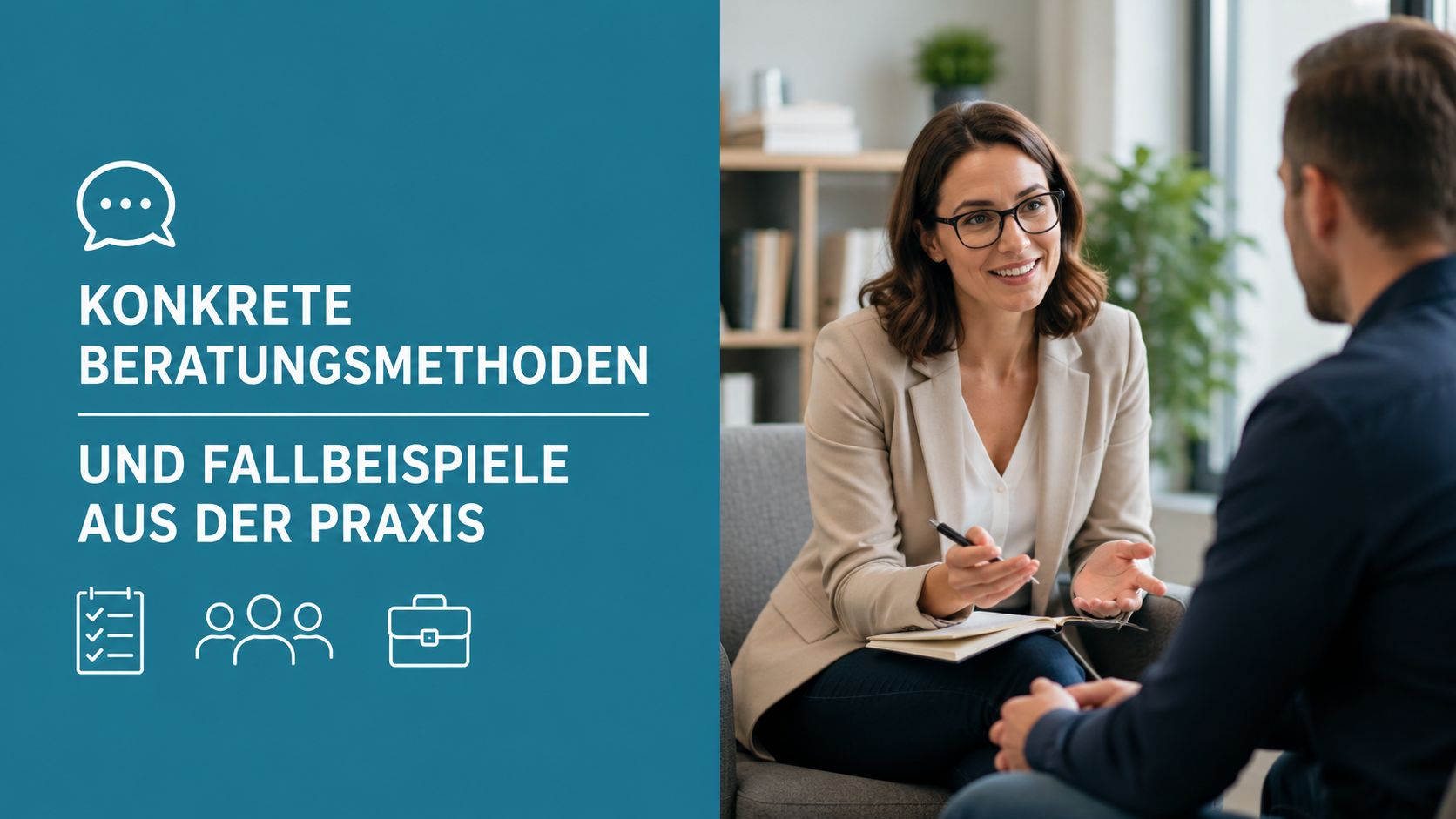 Eine professionelle Beraterin im Gespräch mit einem Klienten in einem modernen, hellen Büro-Ambiente.