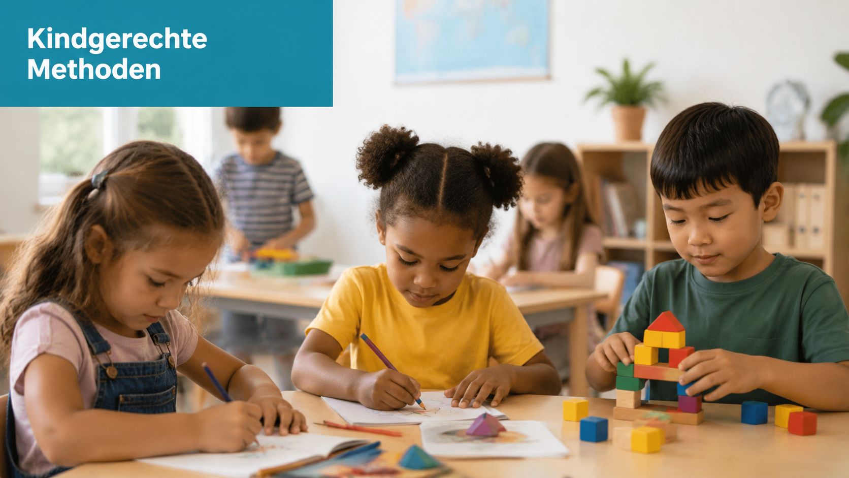 Eine Gruppe von Kindern im Schulalter sitzt konzentriert an Tischen und malt oder spielt mit Bausteinen.