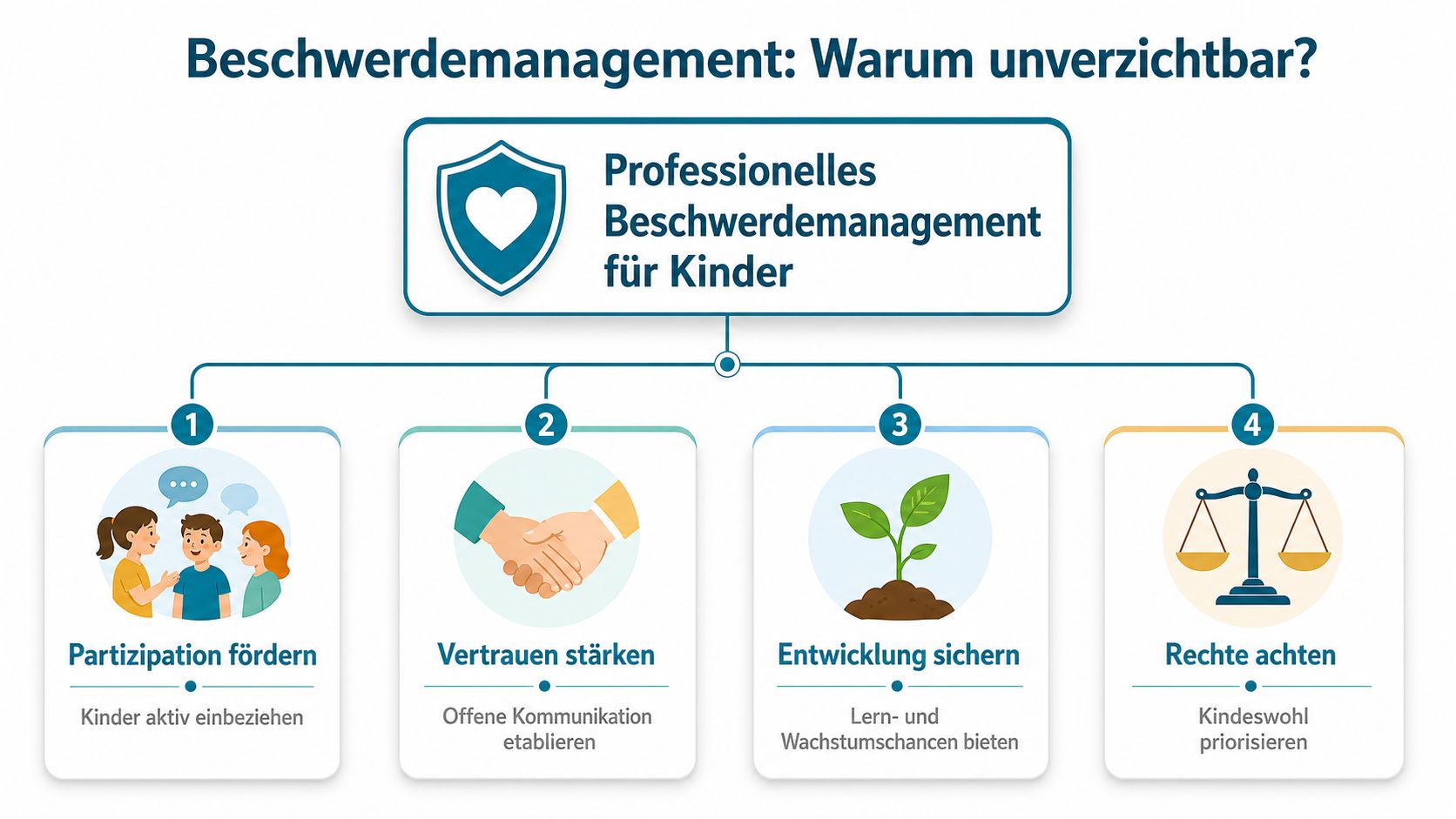 Eine Infografik zum Beschwerdemanagement für Kinder mit vier zentralen Vorteilen: Partizipation, Vertrauen, Entwicklung und Rechte.