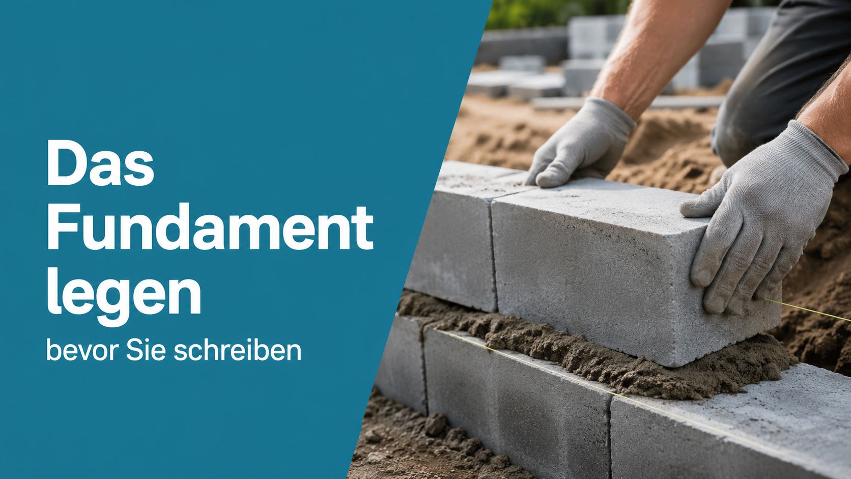 Ein Bauarbeiter verlegt Betonsteine für ein Fundament, symbolisch für die Vorbereitung beim Schreiben von Texten.