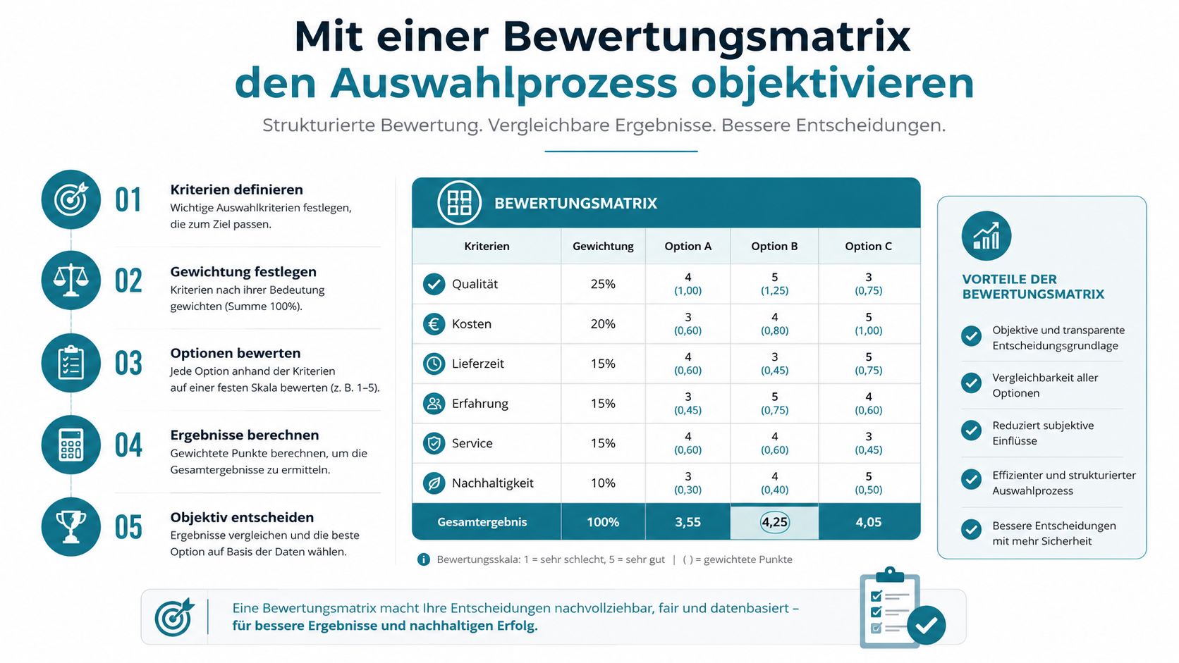 Eine Infografik zur Entscheidungsfindung mithilfe einer Bewertungsmatrix mit fünf Schritten und einer Beispiel-Tabelle zur objektiven Auswahl.