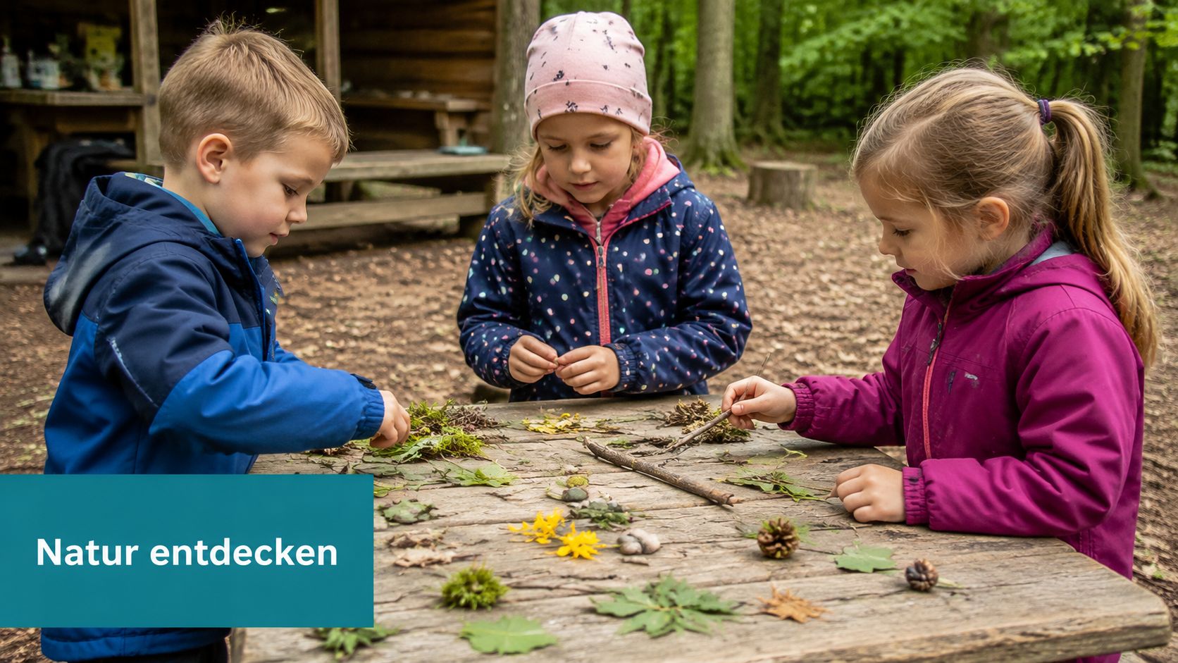 Drei Kinder sitzen draußen an einem Holztisch und erkunden gemeinsam mit Begeisterung verschiedene gesammelte Schätze aus der Natur.