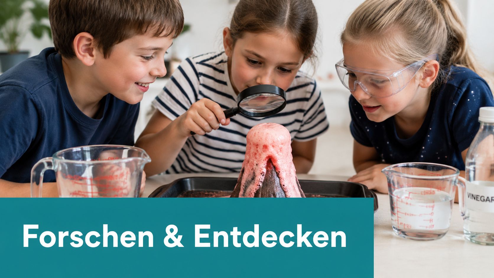 Drei Kinder beobachten fasziniert ein selbstgebautes Vulkanausbruch-Experiment mit einer Lupe am Tisch im Haus.
