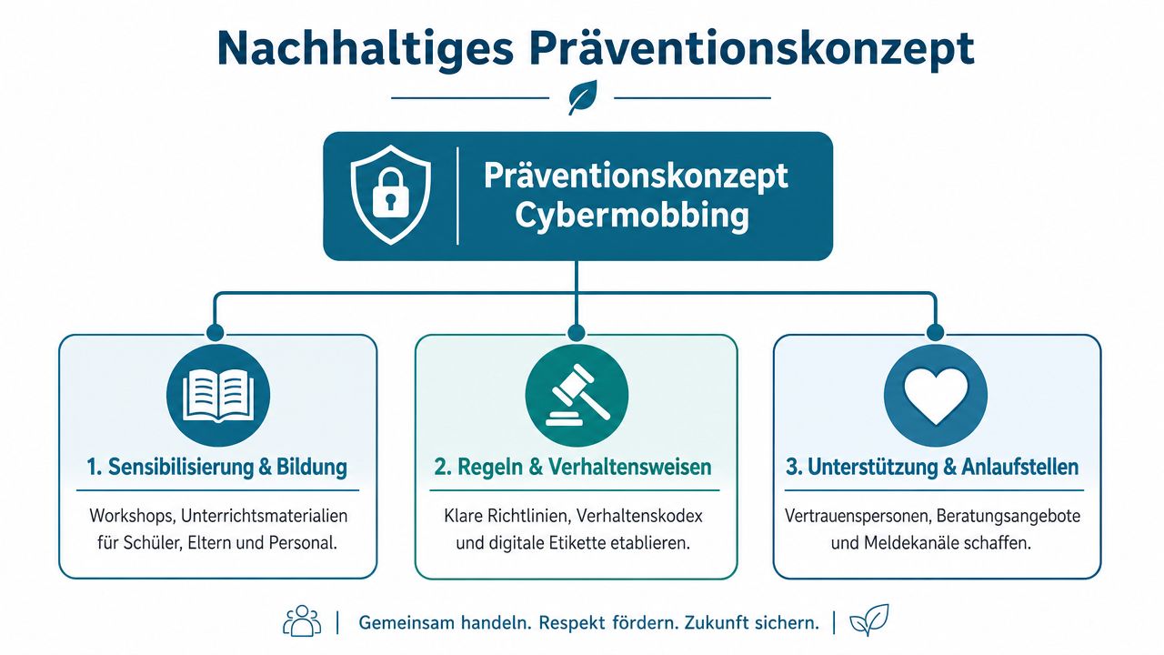 Ein strukturiertes Präventionskonzept gegen Cybermobbing mit drei zentralen Säulen für Sensibilisierung, Verhaltensregeln sowie Unterstützungsangebote für die Schule.