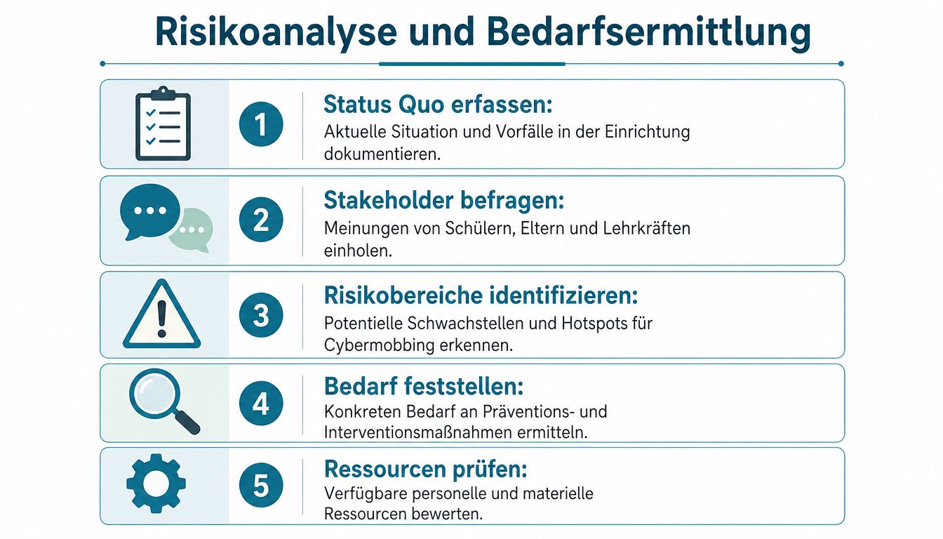 Eine Infografik zur Risikoanalyse und Bedarfsermittlung bei der Cybermobbing-Prävention in fünf strukturierten Schritten für Schulen.
