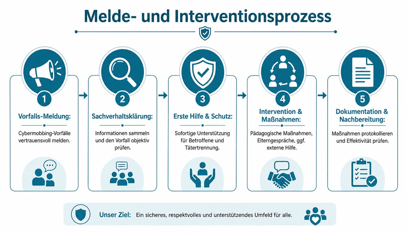 Eine fünfstufige Infografik zum Melde- und Interventionsprozess bei Cybermobbing für ein sicheres und respektvolles schulisches Umfeld.