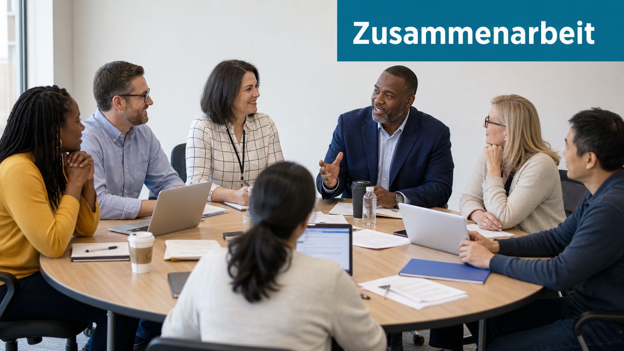 Eine vielfältige Gruppe von Kollegen sitzt an einem runden Tisch und bespricht gemeinsam geschäftliche Themen im Büro.