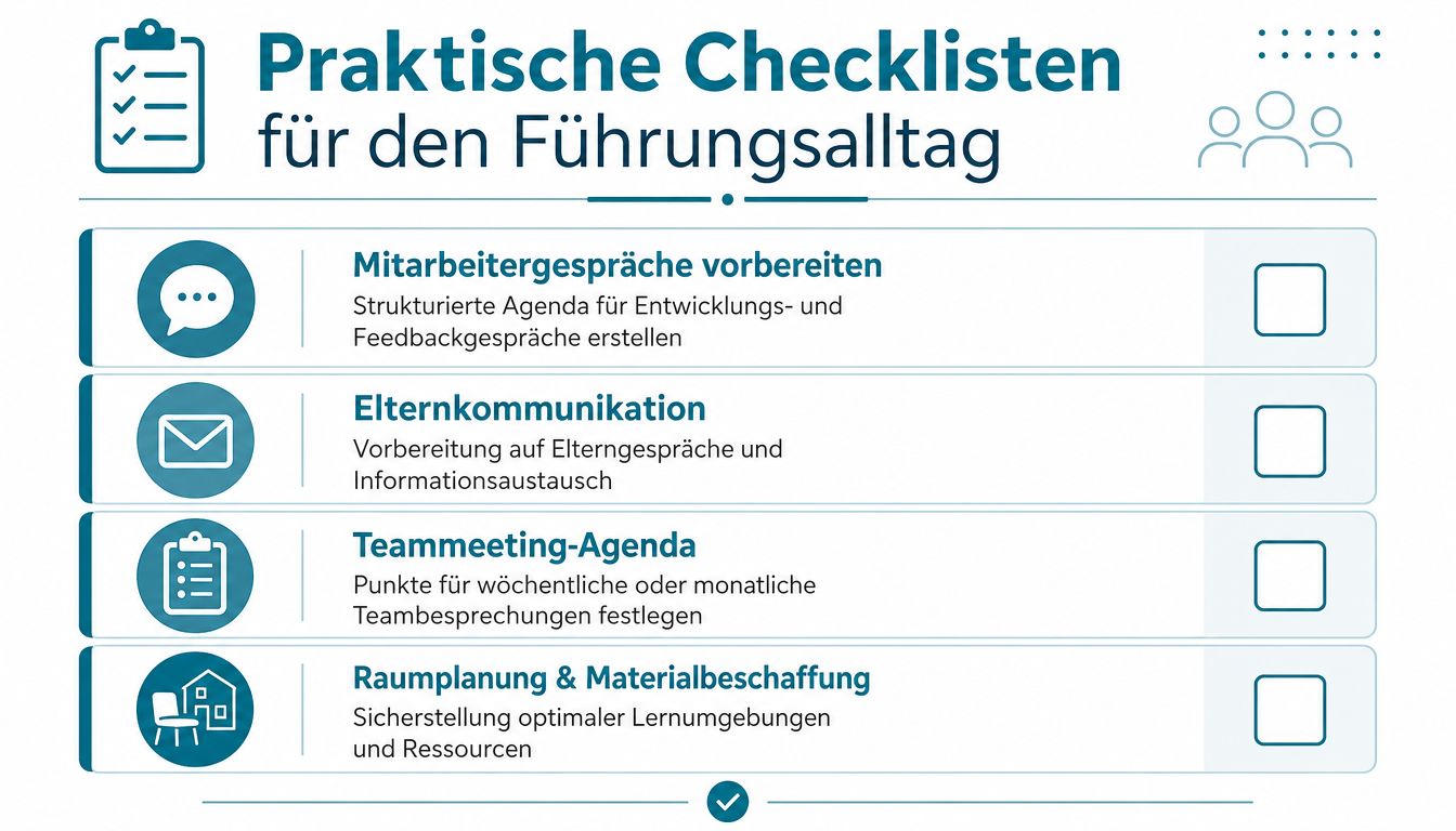 Übersicht praktischer Checklisten für Aufgaben im Kita-Führungsalltag wie Mitarbeitergespräche, Elternkommunikation, Teammeetings und Raumplanung.