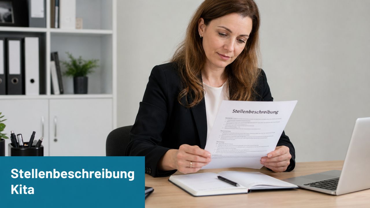 Eine Frau in einem Büro liest eine Stellenbeschreibung für eine Kita an ihrem Schreibtisch.