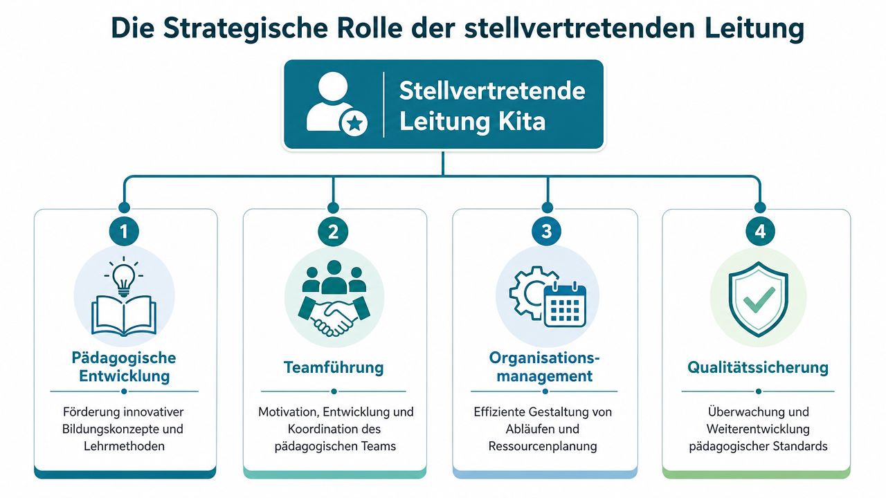 Übersichtsgrafik zur strategischen Rolle der stellvertretenden Kita-Leitung mit Fokus auf Pädagogik, Teamführung, Organisation und Qualitätssicherung.
