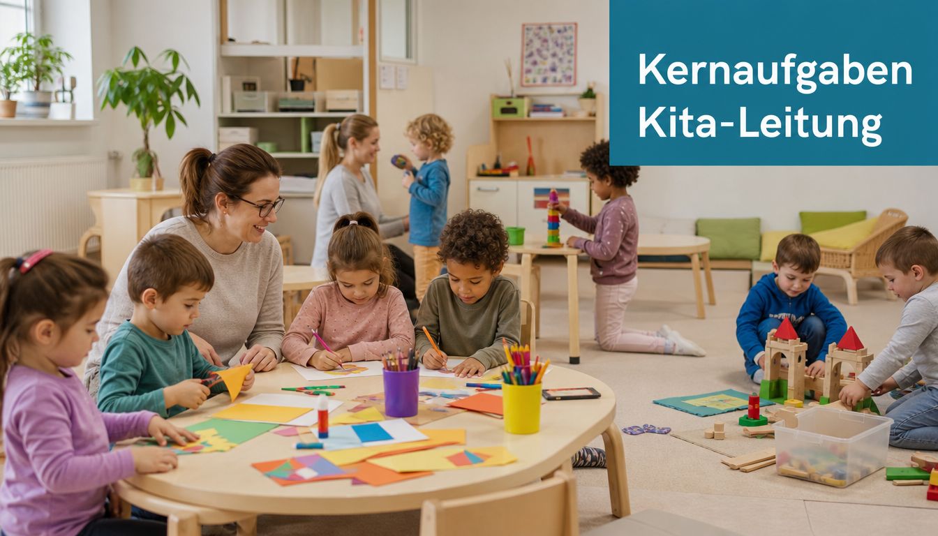 Eine Erzieherin arbeitet mit Kindern an einem Basteltisch in einem hellen und freundlich gestalteten Kindergarten.