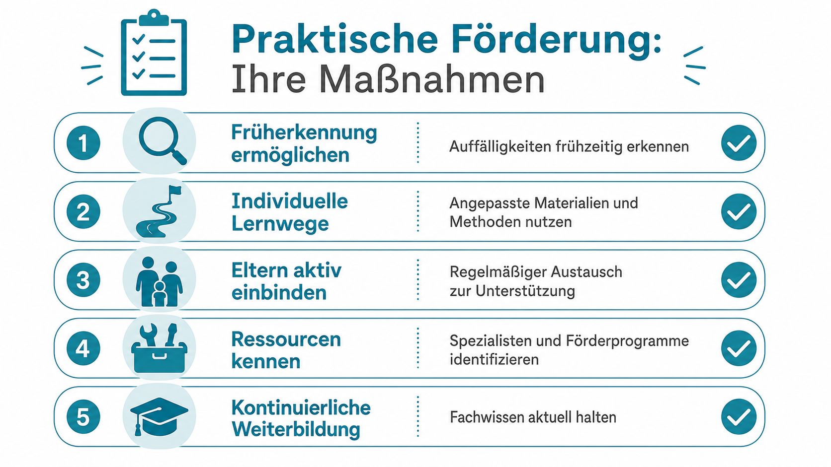 Eine Infografik mit fünf Schritten zur praktischen Förderung von Kindern mit Lernschwierigkeiten oder Dyslexie.