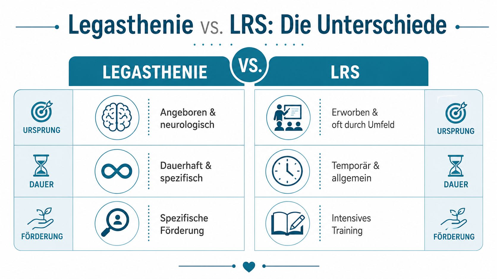 Eine Infografik, die die Unterschiede zwischen Legasthenie und LRS hinsichtlich Ursprung, Dauer und Förderung gegenüberstellt.