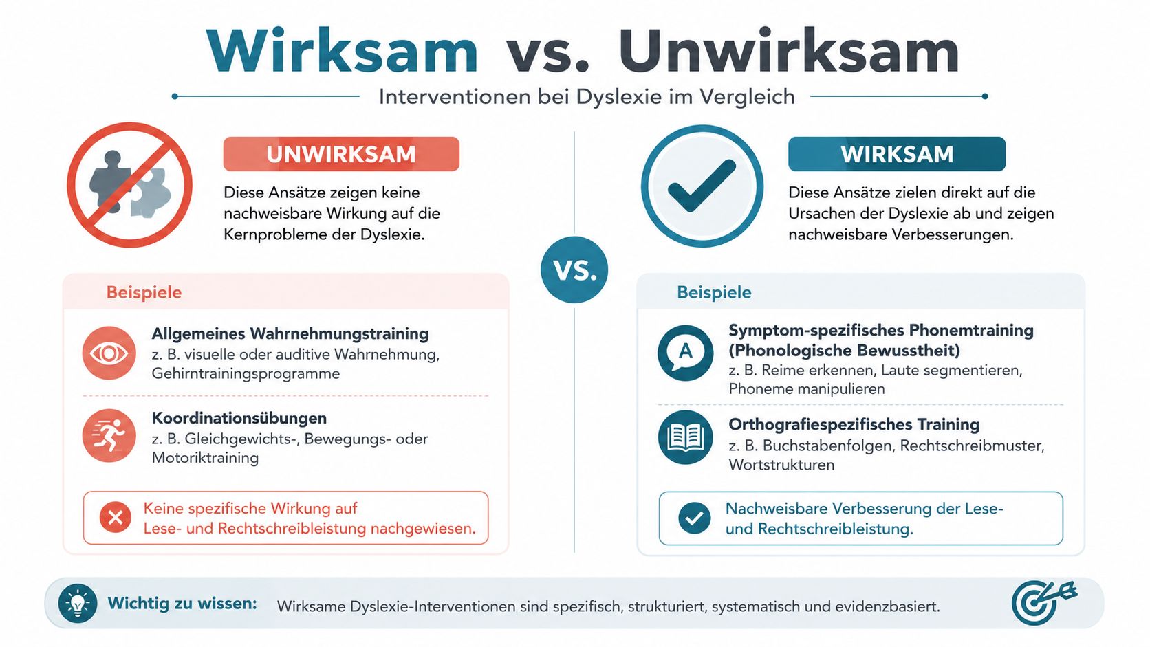 Vergleichsgrafik zwischen wirksamen und unwirksamen Methoden zur Förderung von Kindern mit Legasthenie oder Lese-Rechtschreib-Schwäche.
