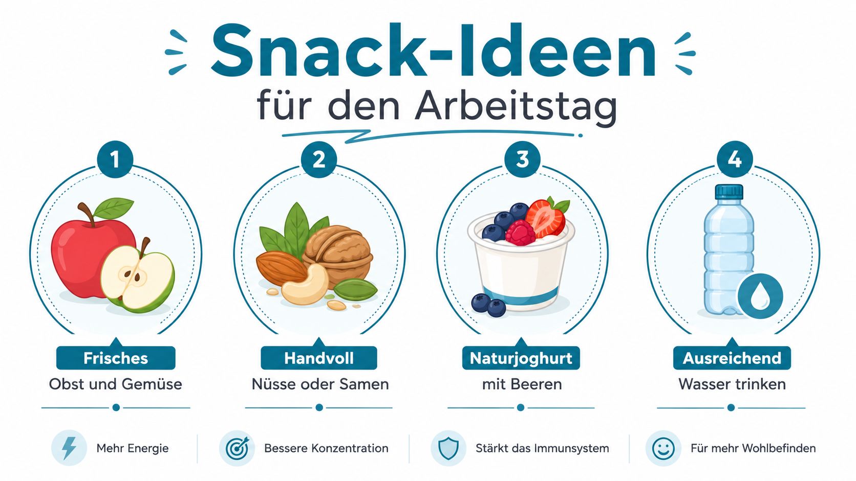 Eine Infografik mit vier gesunden Snack-Ideen für den Arbeitstag inklusive Wasser trinken und frischem Obst.