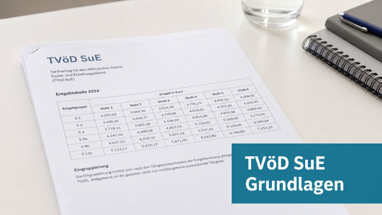 Ein offizielles Dokument zeigt die Entgelttabelle 2024 für den Sozial- und Erziehungsdienst TVöD SuE.