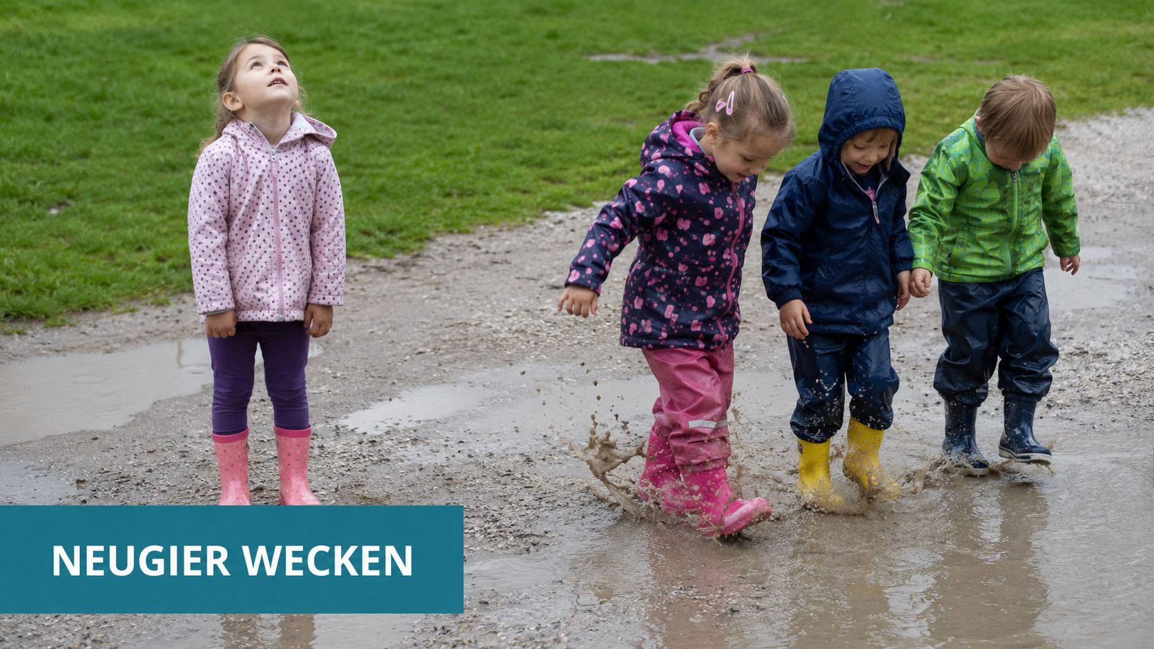 Vier Kinder spielen fröhlich in einer Pfütze und entdecken gemeinsam die Natur bei einem regnerischen Ausflug.