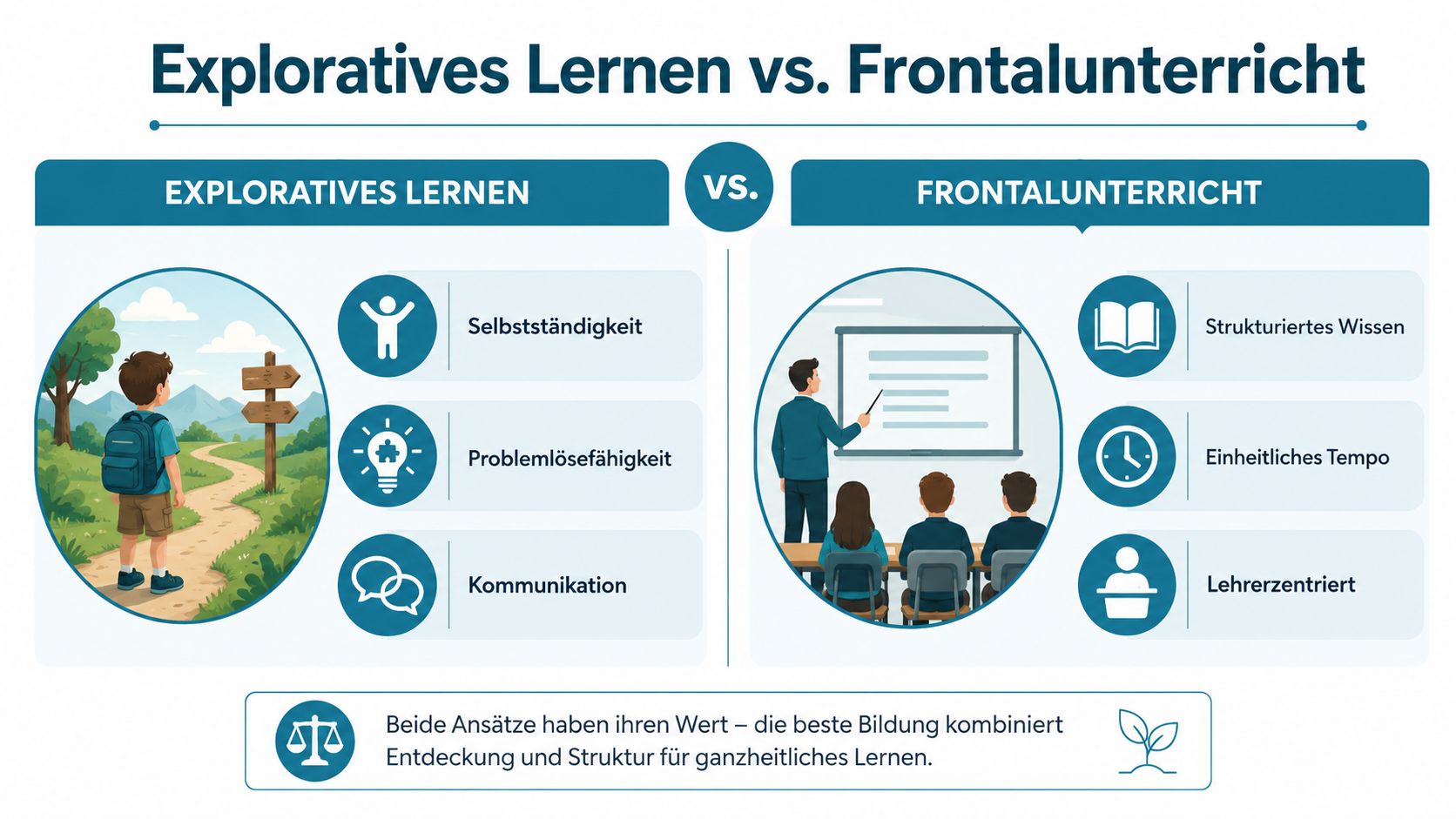 Vergleich zwischen explorativem Lernen und Frontalunterricht mit seinen jeweiligen Vor- und Nachteilen in der Bildung.
