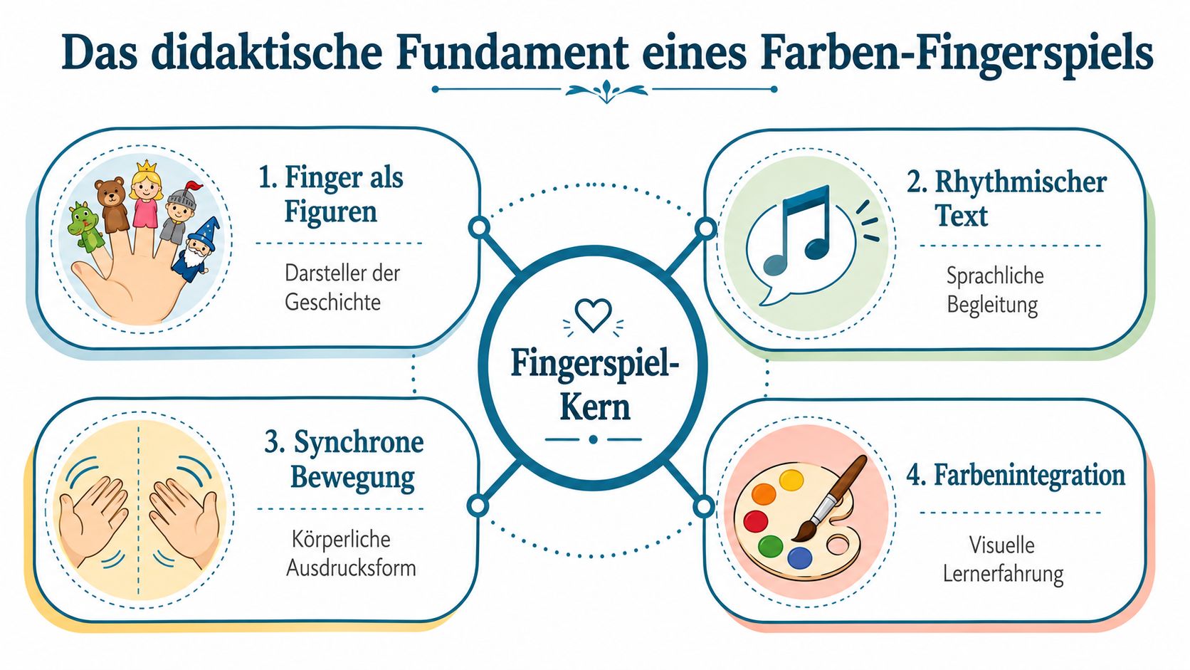 Eine Infografik erklärt die vier didaktischen Grundpfeiler für ein Farben-Fingerspiel für Kinder im Bildungsbereich.
