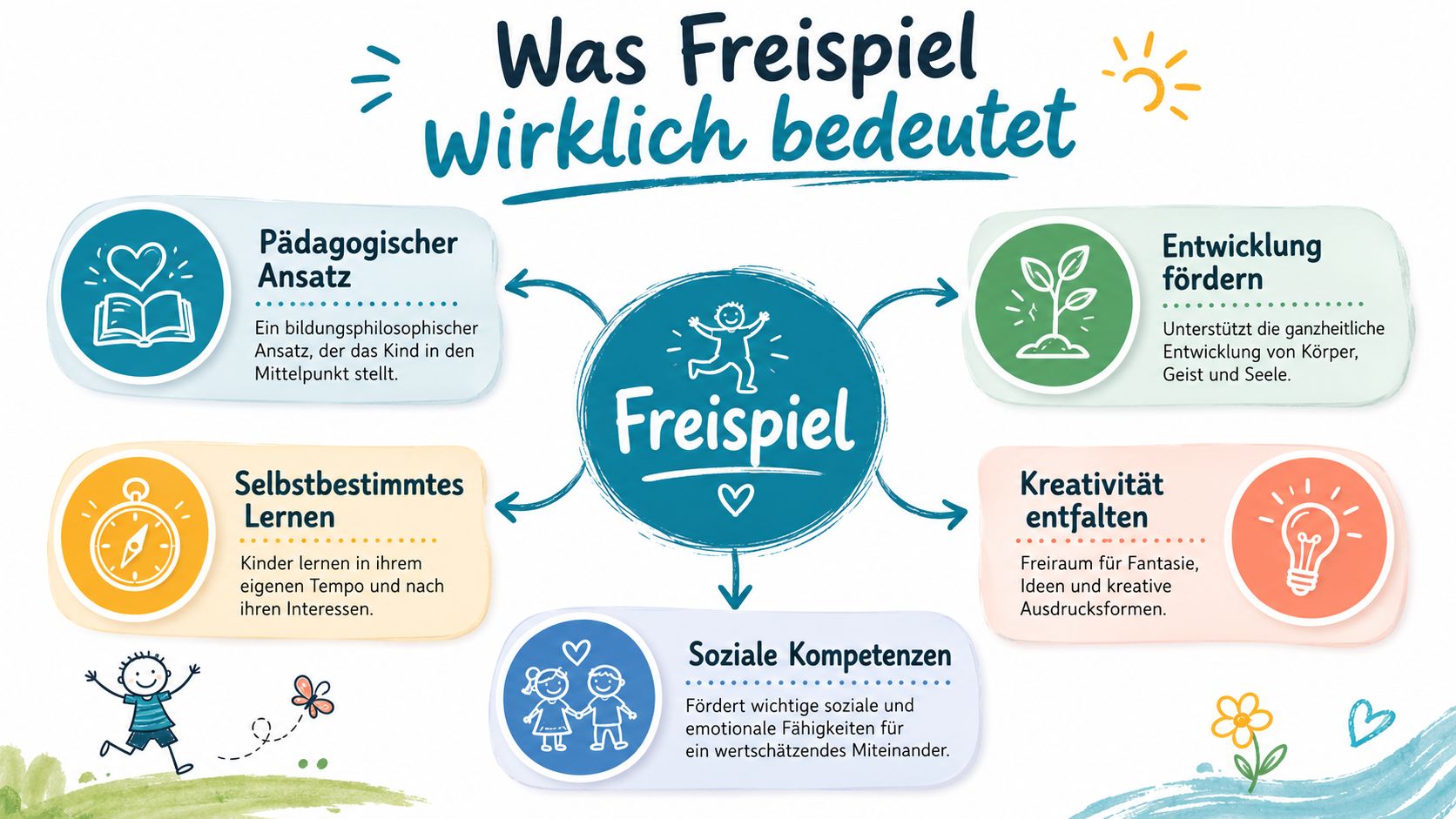 Eine Infografik erklärt die Bedeutung von Freispiel in der Pädagogik mit fünf zentralen Aspekten für die kindliche Entwicklung.