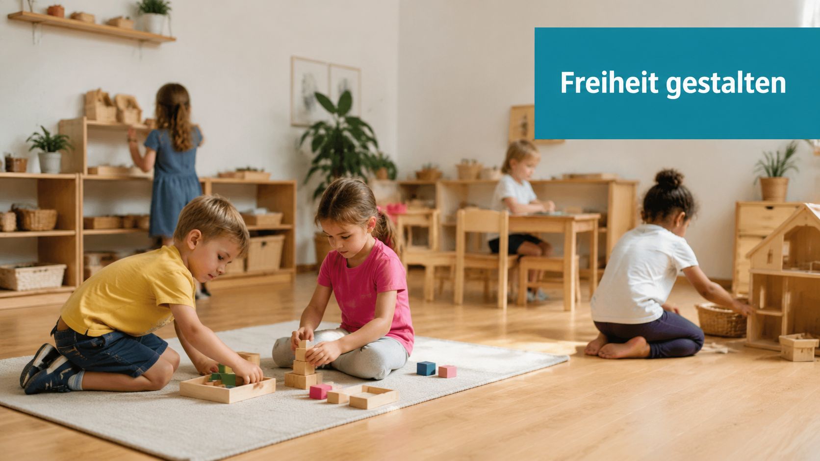 Mehrere Kinder spielen in einem freundlich gestalteten Kindergarten mit Holzbausteinen und einem Puppenhaus auf dem Boden.