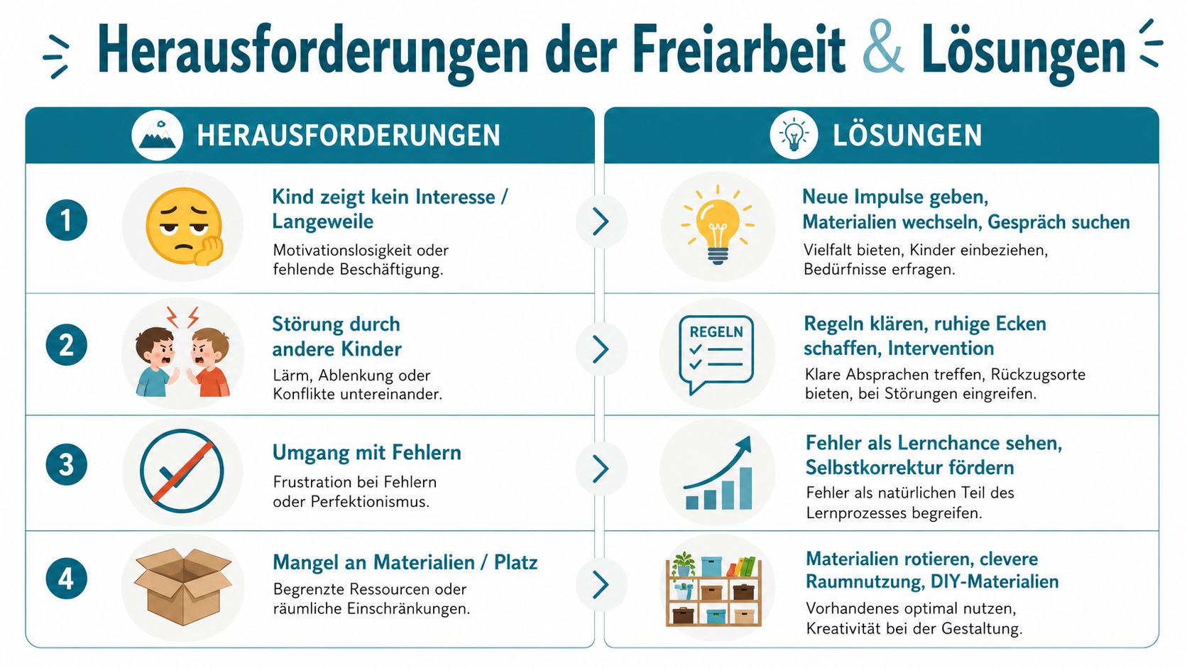 Übersicht über die Herausforderungen der Freiarbeit mit passenden pädagogischen Lösungen in einer nummerierten Liste dargestellt.