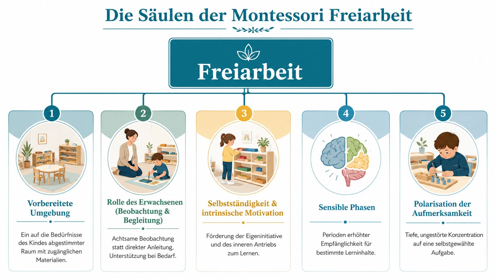 Eine Infografik über die fünf Säulen der Montessori-Freiarbeit mit erklärenden Bildern und kurzen Beschreibungstexten auf Deutsch.