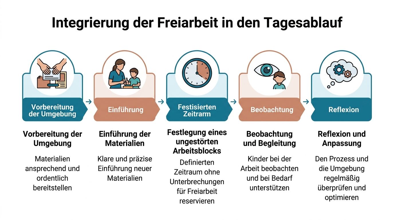 Grafik zeigt den Prozess der Integration von Freiarbeit nach dem Montessori-Prinzip mit fünf wesentlichen Schritten im Tagesablauf.