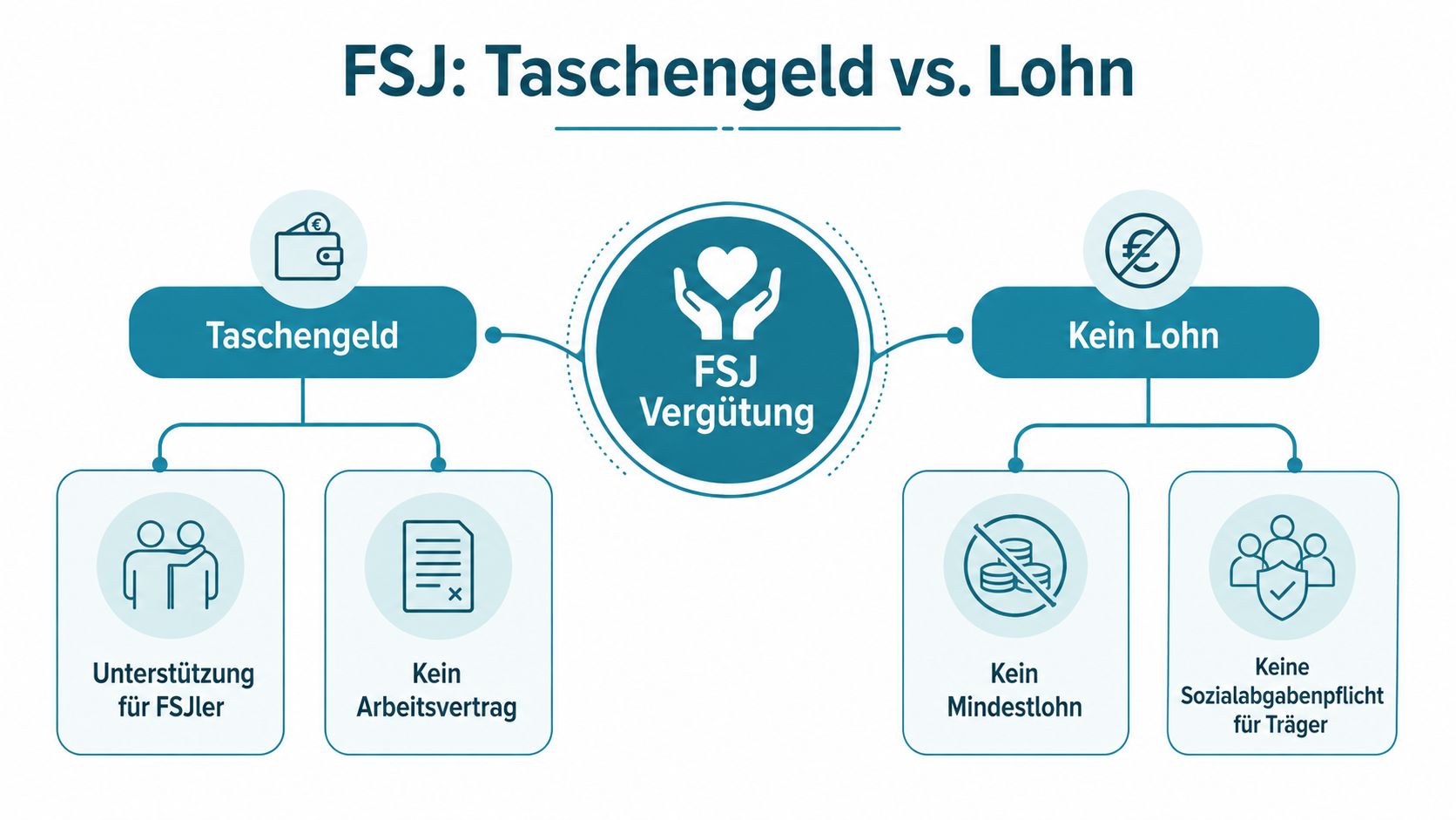 Eine Infografik zur FSJ-Vergütung: Unterschied zwischen Taschengeld und Lohn für freiwillig soziale Dienste leistende Personen.