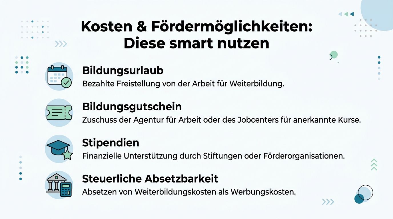 Eine Übersicht über verschiedene Finanzierungs- und Fördermöglichkeiten für berufliche Weiterbildungen in Deutschland mit kurzen Erläuterungen.