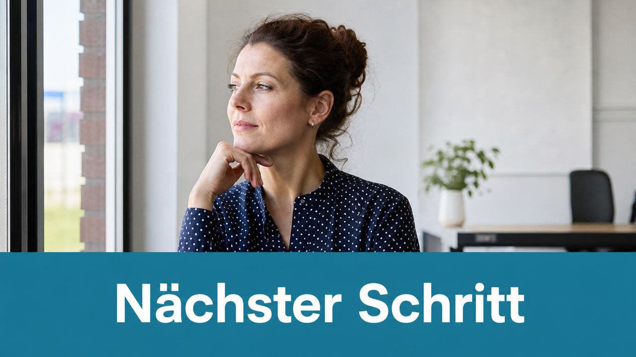 Eine nachdenkliche Frau in einer gepunkteten Bluse schaut aus einem Fenster im Büro, während sie nachdenkt.